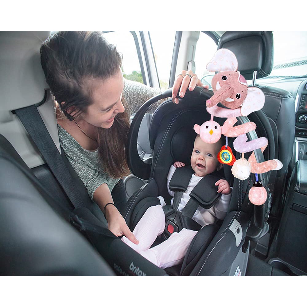 Baby Car Seat Toys， Stroller Toys， Car Seat Toys for Infants 0-6 Months， with Musical Owl Rattle Sheep Beep Ladybug Squeaker