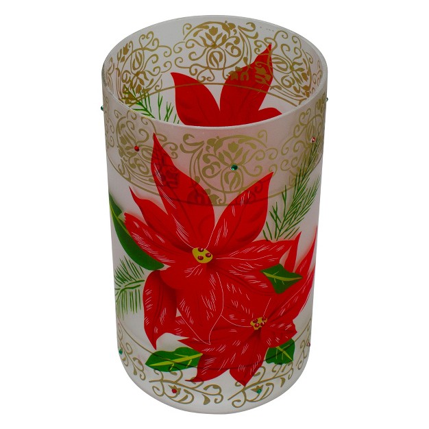 Hand painted Red Poinsettias And Gold Flameless Glass Christmas Candle Holder