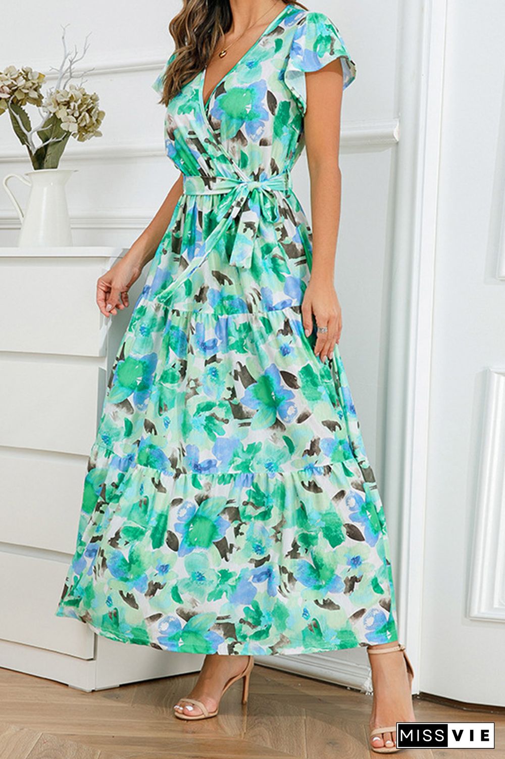 V Neck Flare Sleeves Floral Maxi Dress With Sash