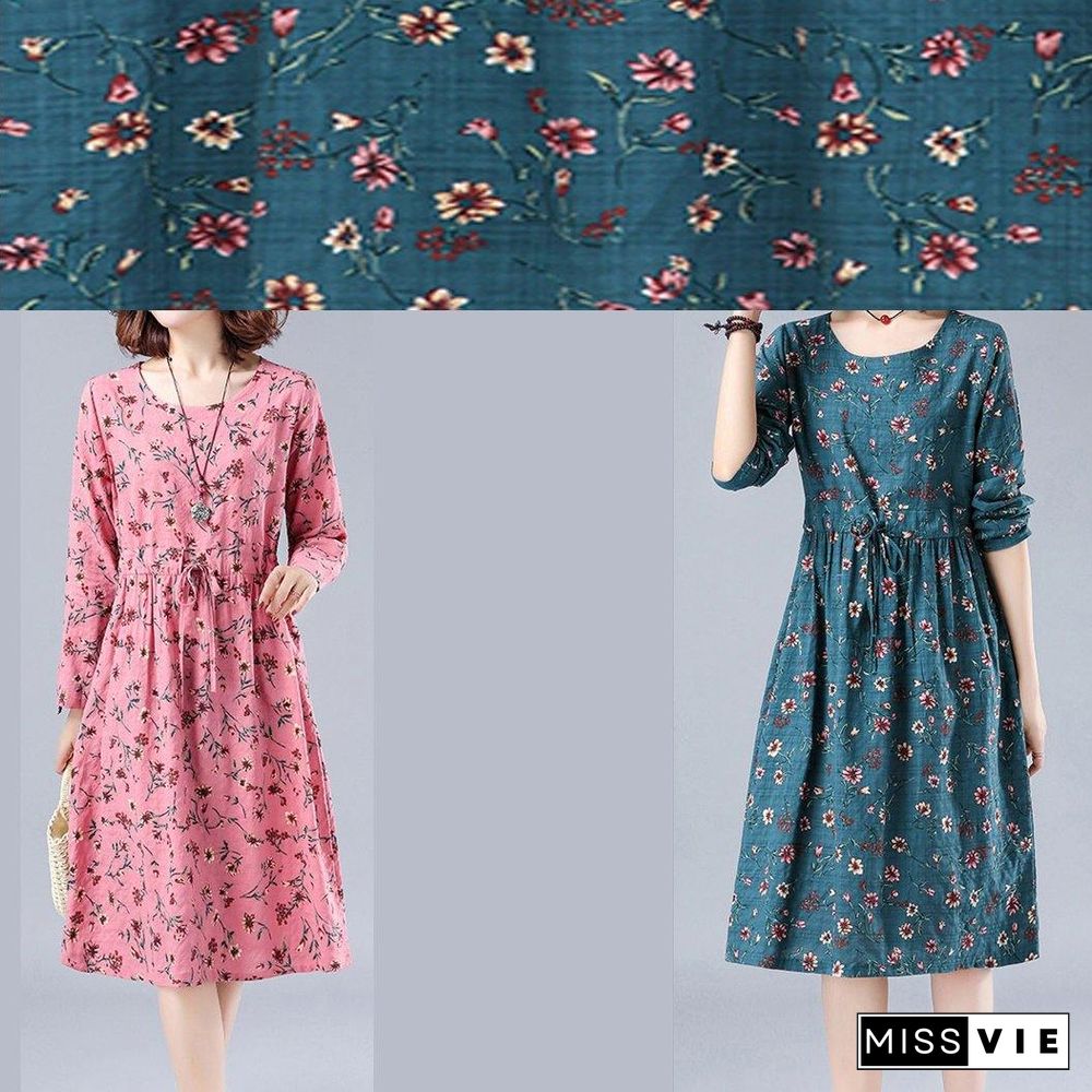 Bohemian Blue Print Robes O Neck Drawstring Daily Spring Dresses