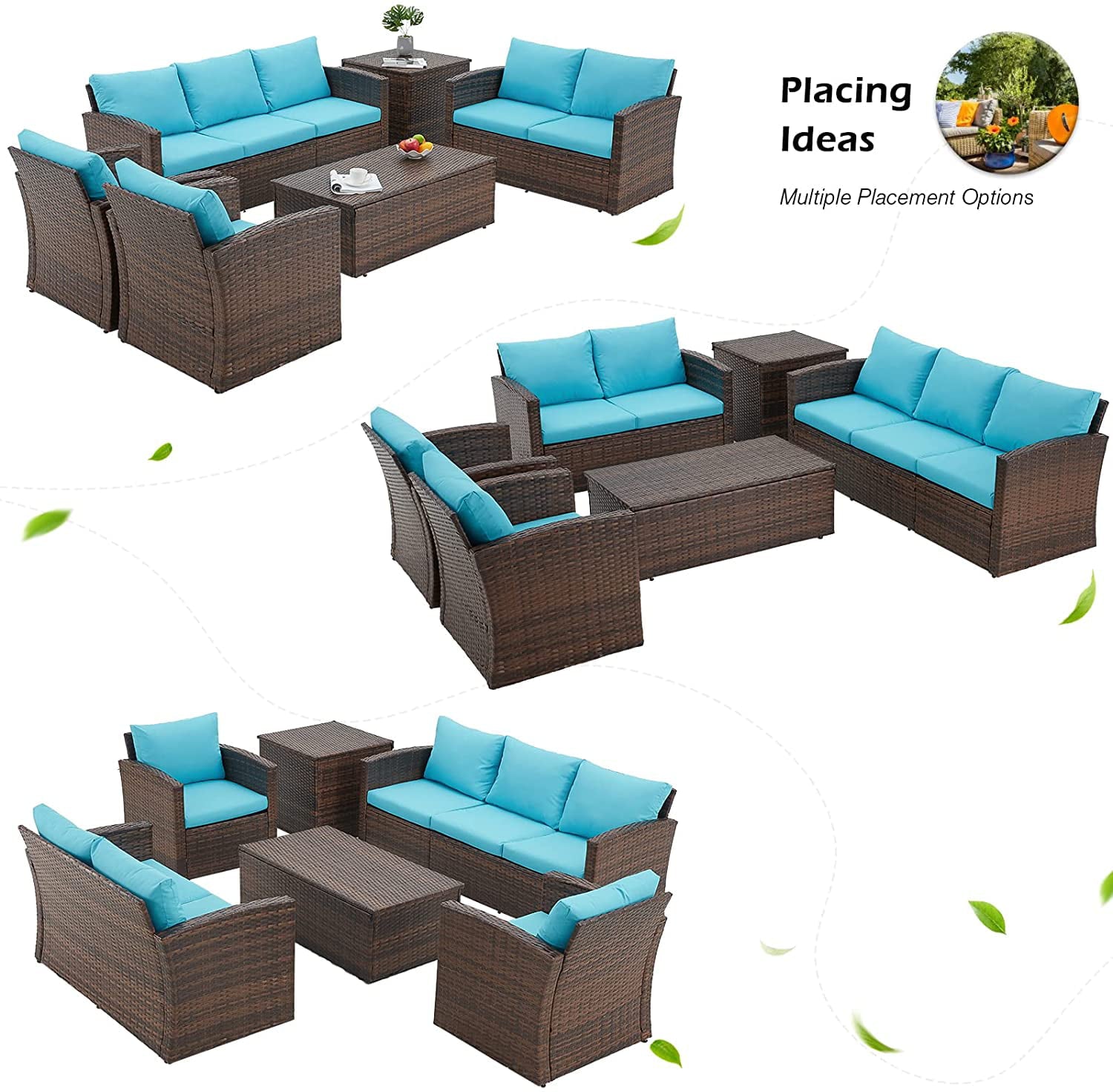 AECOJOY 6 Pieces Outdoor Furniture Set Patio Rattan Wicker Sectional Sofa Conversation Set, Blue