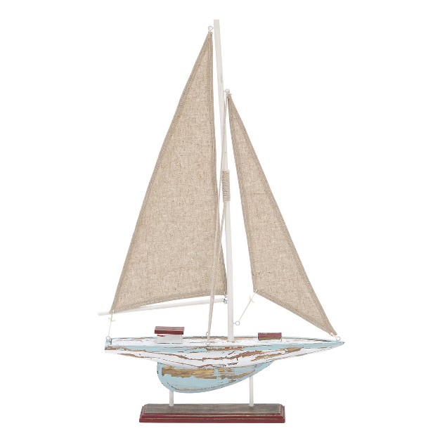 X 14 quot Decorative Coastal Pine Wood And Linen Sailing Boat Sculpture Olivia amp May