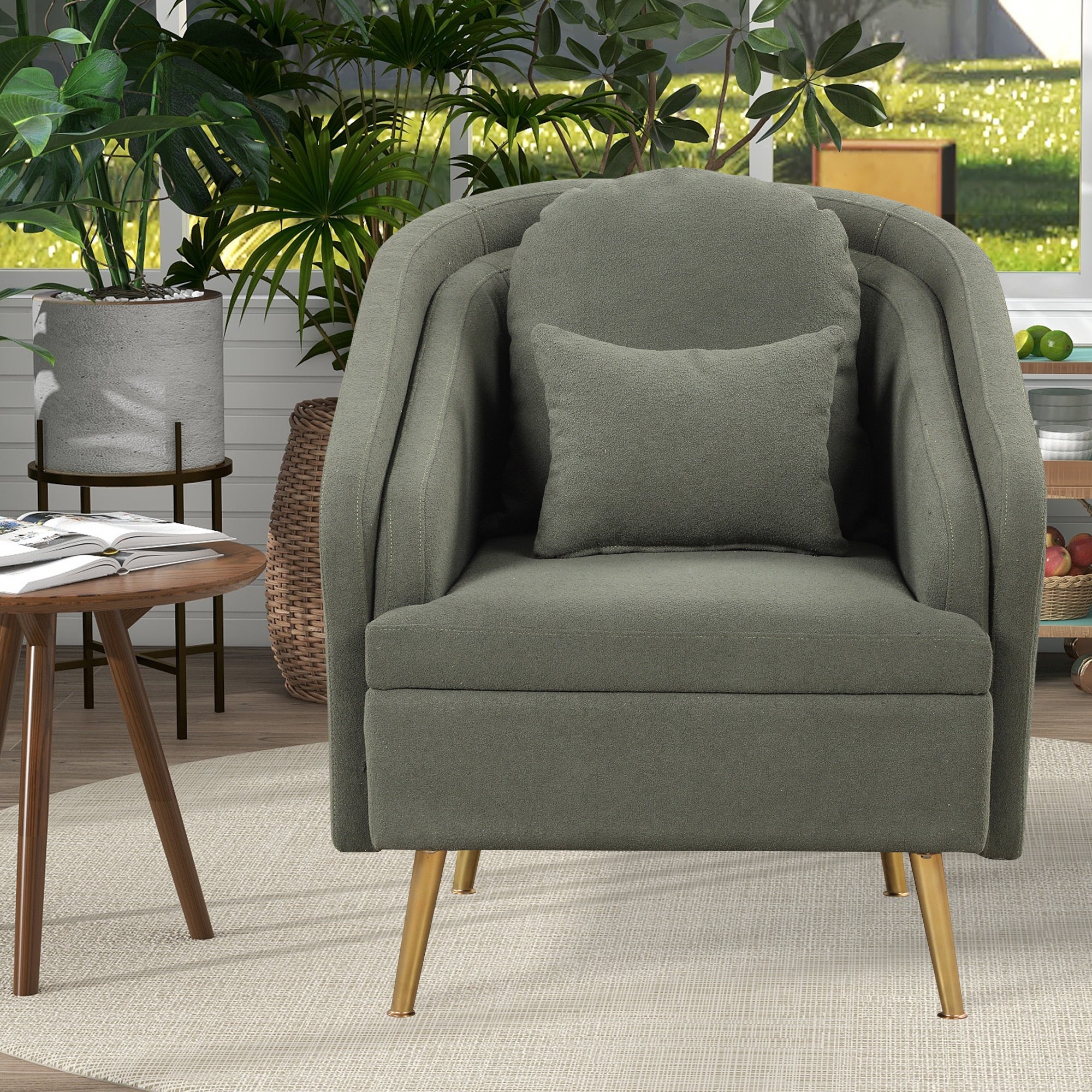 Modern Living Room Accent Chair Velvet Arm Chair Upholstered Barrel Chair Metal Leg Club Chair with Lumbar Pillow， for Bedroom