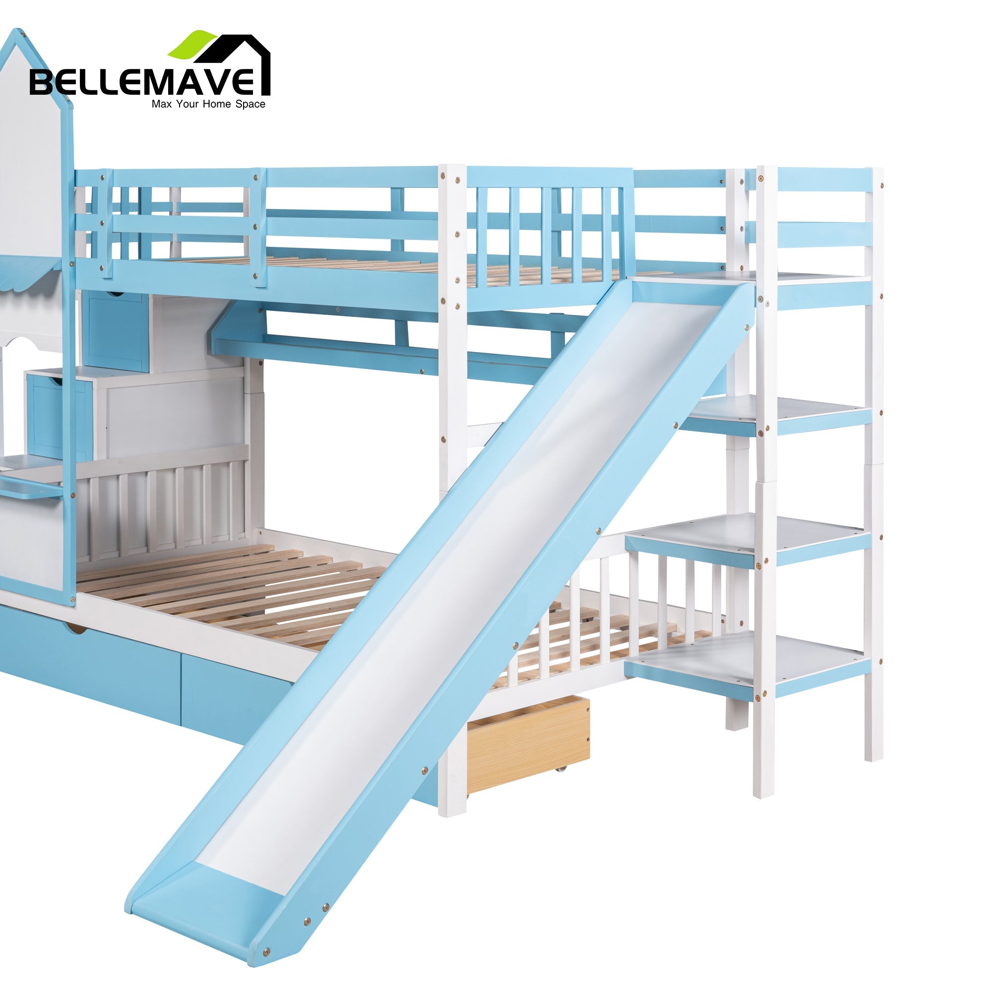 BELLEMAVE Kids Castle Bunk Bed with Storage Drawers, Shelf, Slide and Safety Guardrail, Twin over Twin Bunk Bed with Stairs, Castle Bunk Bed/Playhouse Bed for Girls, Boys, Kids(Blue)