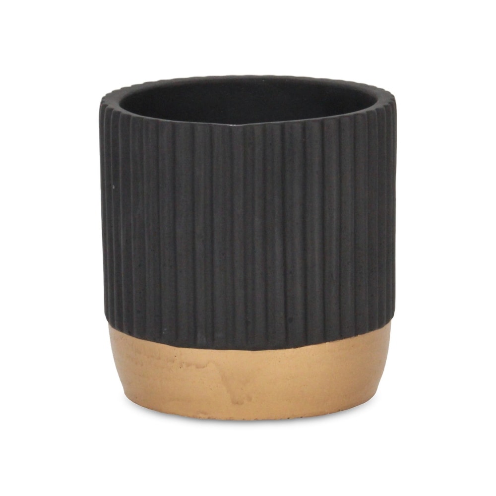 Aurone Round Ridged Ceramic Pot with Gold Finished Base   Black