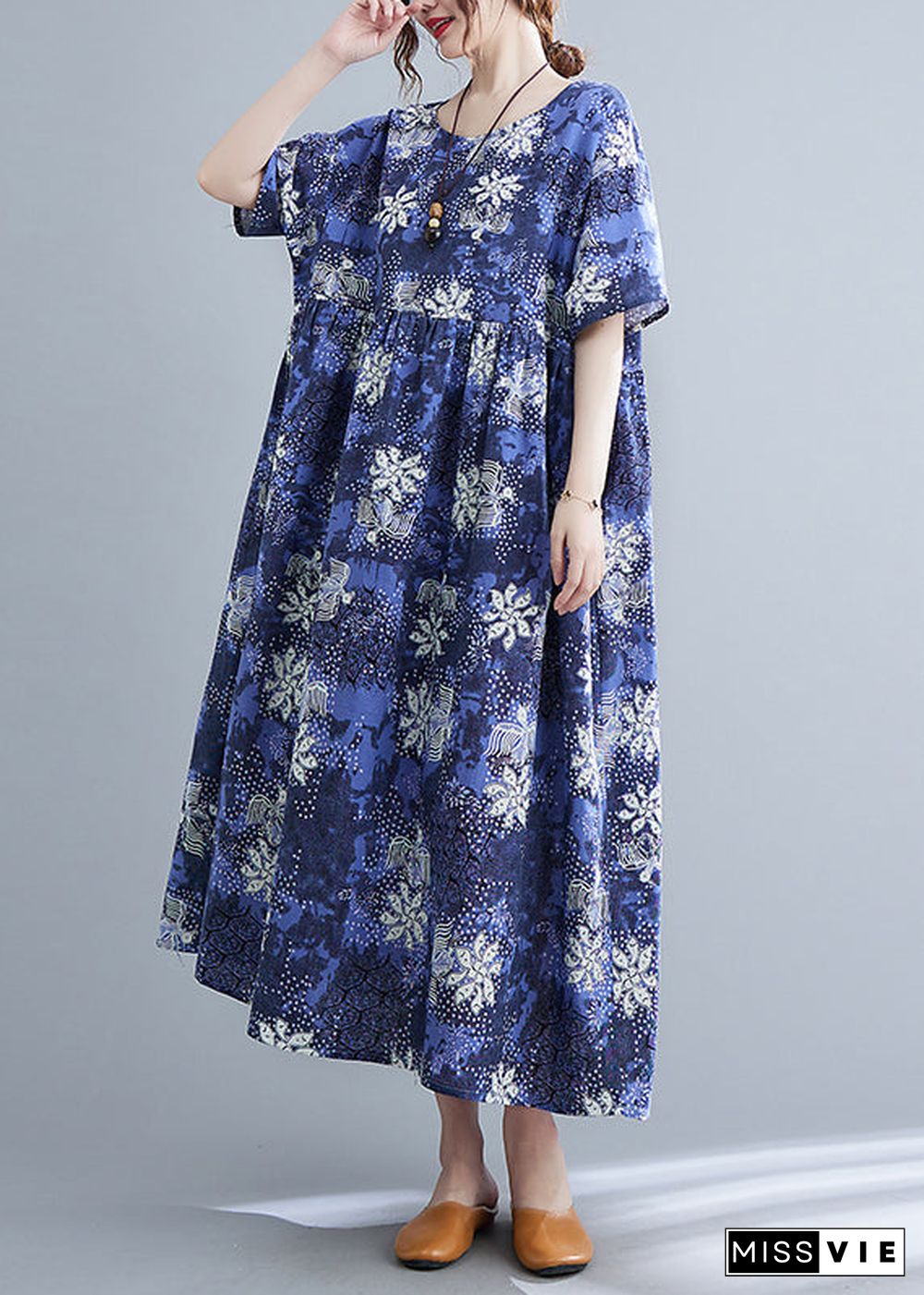 Italian Blue O-Neck Cinched Print Maxi Dresses Short Sleeve