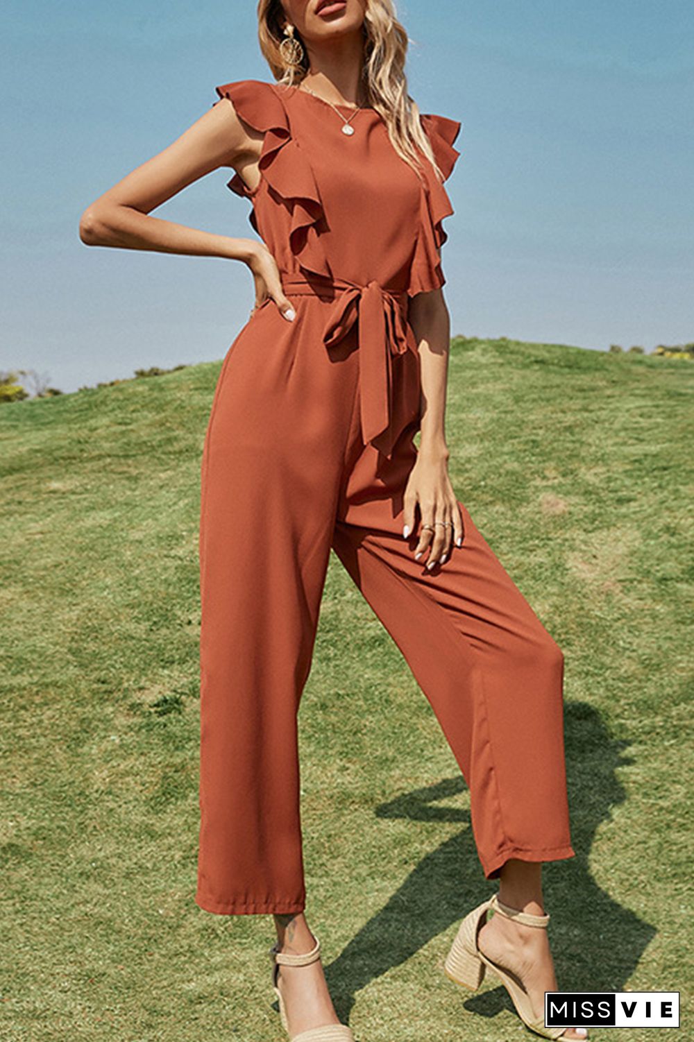 Fashion Elegant Solid Split Joint Flounce With Belt O Neck Straight Jumpsuits