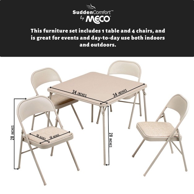 Meco E48 34 p31 Sudden Comfort 5 Piece 34x34 Square Folding Dining Card Table And 4 Padded Folding Chairs Folding Furniture Set Buff Tan