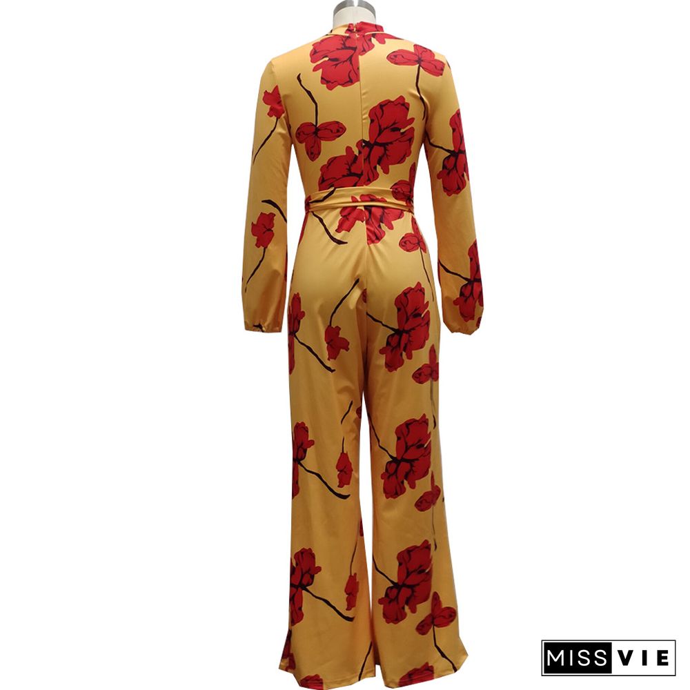 Fashion Digital Printing Spring Autumn O-Neck Long Sleeve Belted One Piece Wide Leg Jumpsuit