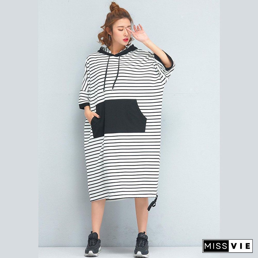 Brand Oversized Women Clothing Loose Casual Cotton Striped Dress