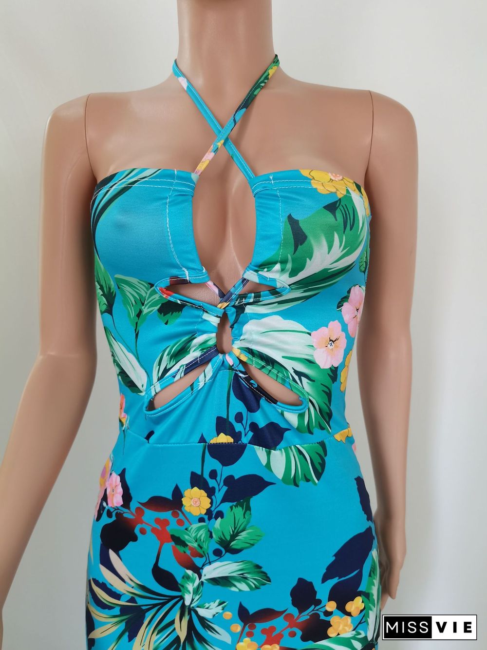 Elegant Summer Clothing Floral Print Sleeveless Halter Backless Bodycon Beach Party Maxi Dresses