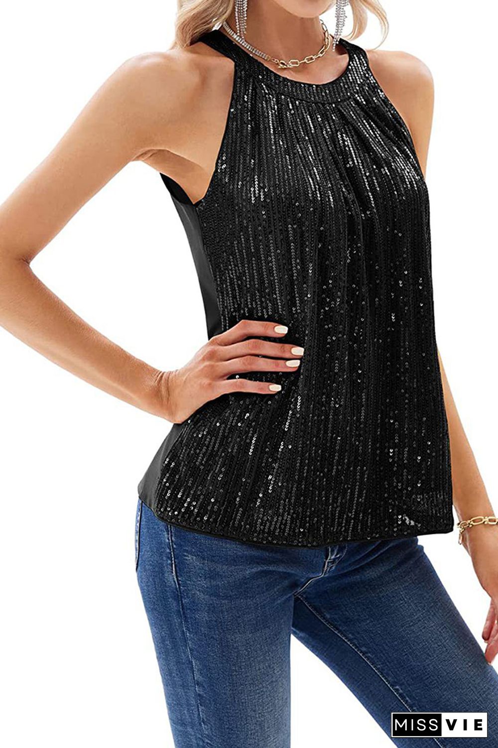 Plain Sequin Halter Tank Top