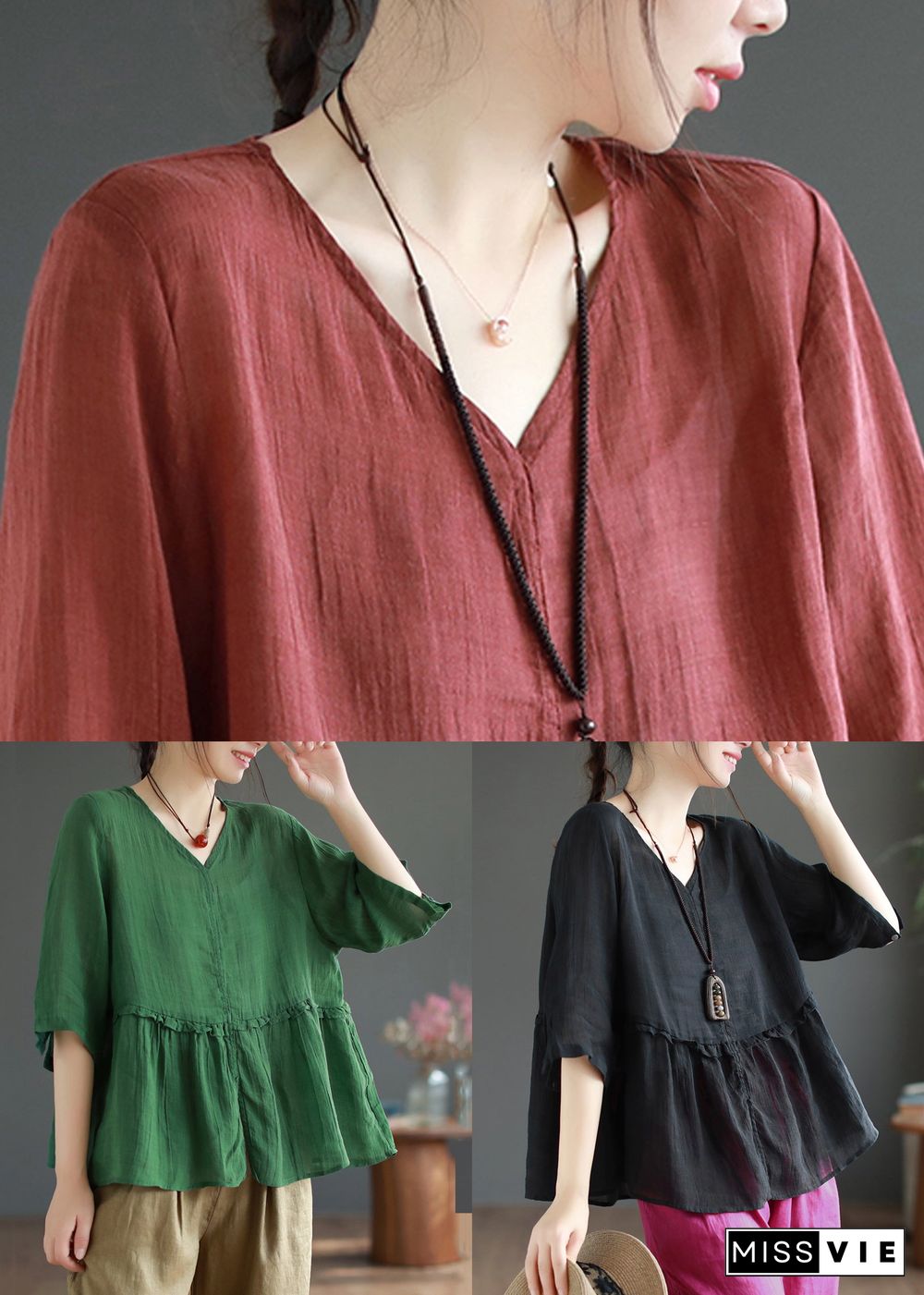 Women Wine Red Ruffled Side Open Patchwork Linen Shirts Summer