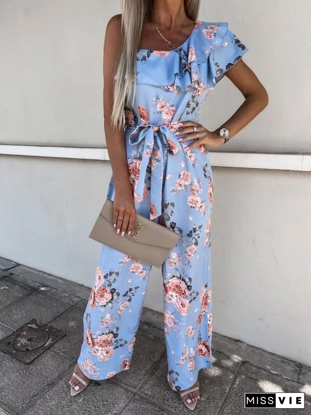 Women'S Jumpsuits Printed Suspender Belted Sloping Shoulder Jumpsuit