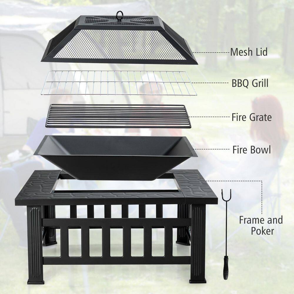 HONEY JOY 3-In-1 Square Metal Outdoor Fire Pit Table Patio Fire bowel wBBQ Grill and Rain Cover TOPB005643