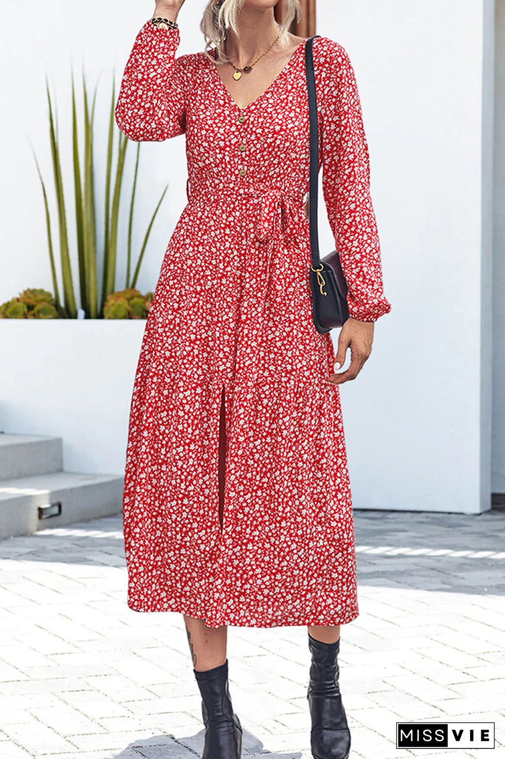 Red Floral V Neck Button Down High Split Maxi Dress