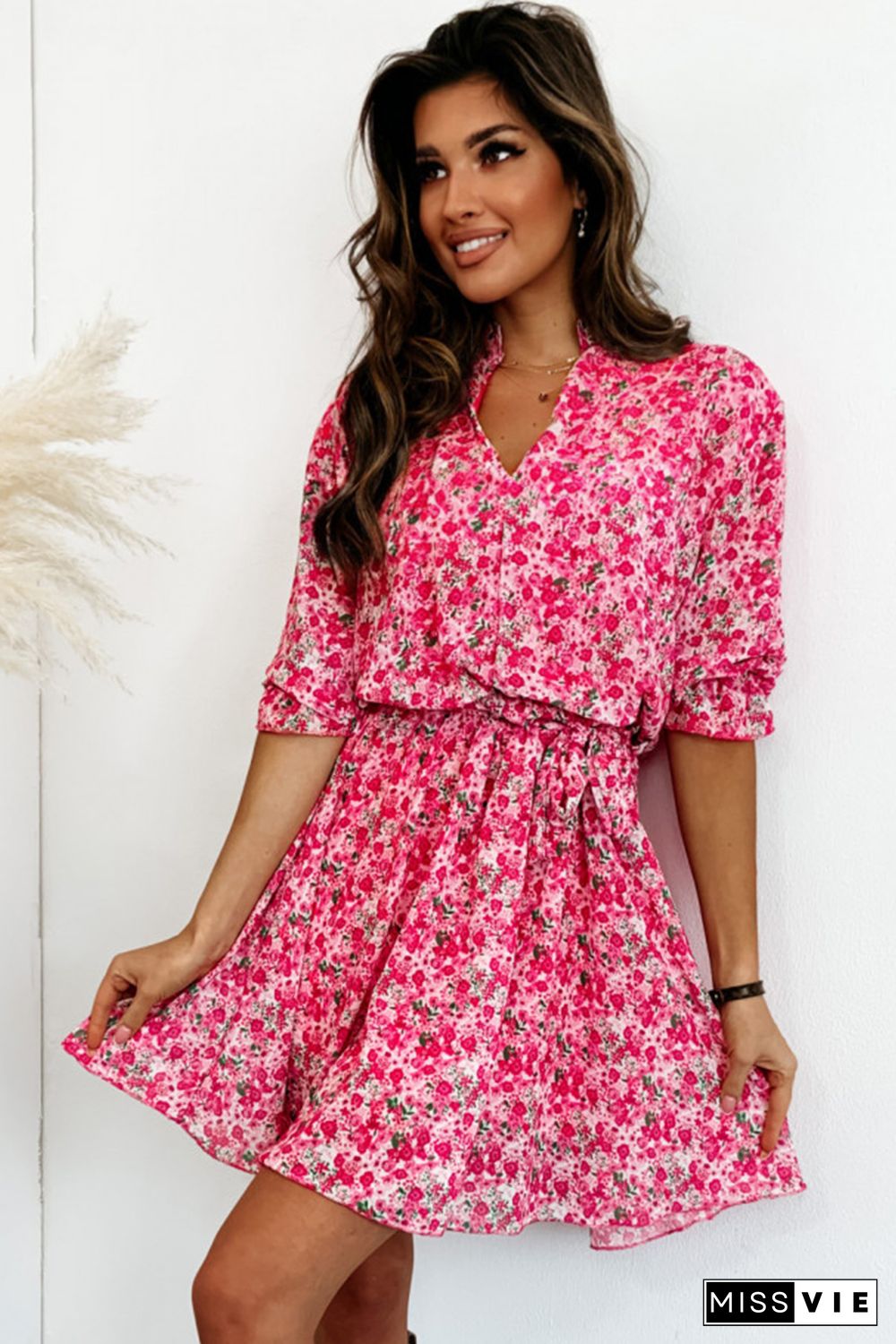 Rose Ditsy Floral Notch V Neck Belted Swing Dress