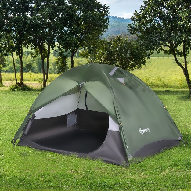 Outsunny 2 Person Camping Tent Backpacking Tent With Water fighting Polyester Rain Cover 4 Mesh Windows For Air amp Carry Bag