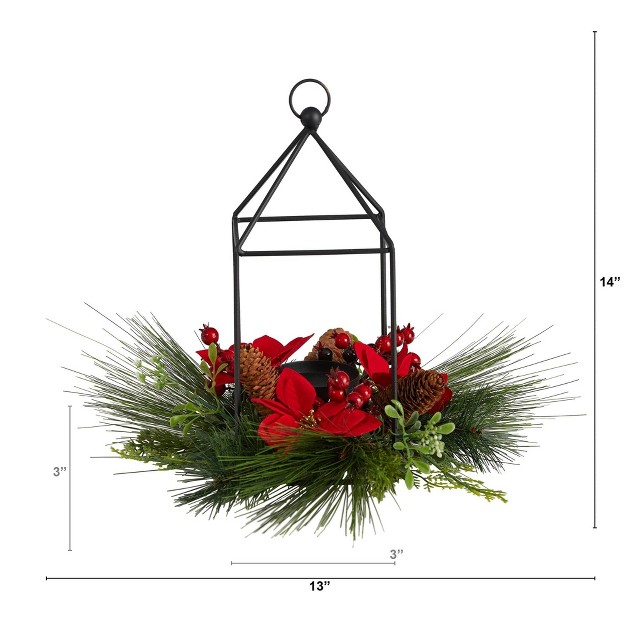 Nearly Natural 14-in Christmas Poinsettia， Berry And Pinecone Metal Candle Holder Christmas Artificial Table Arrangement