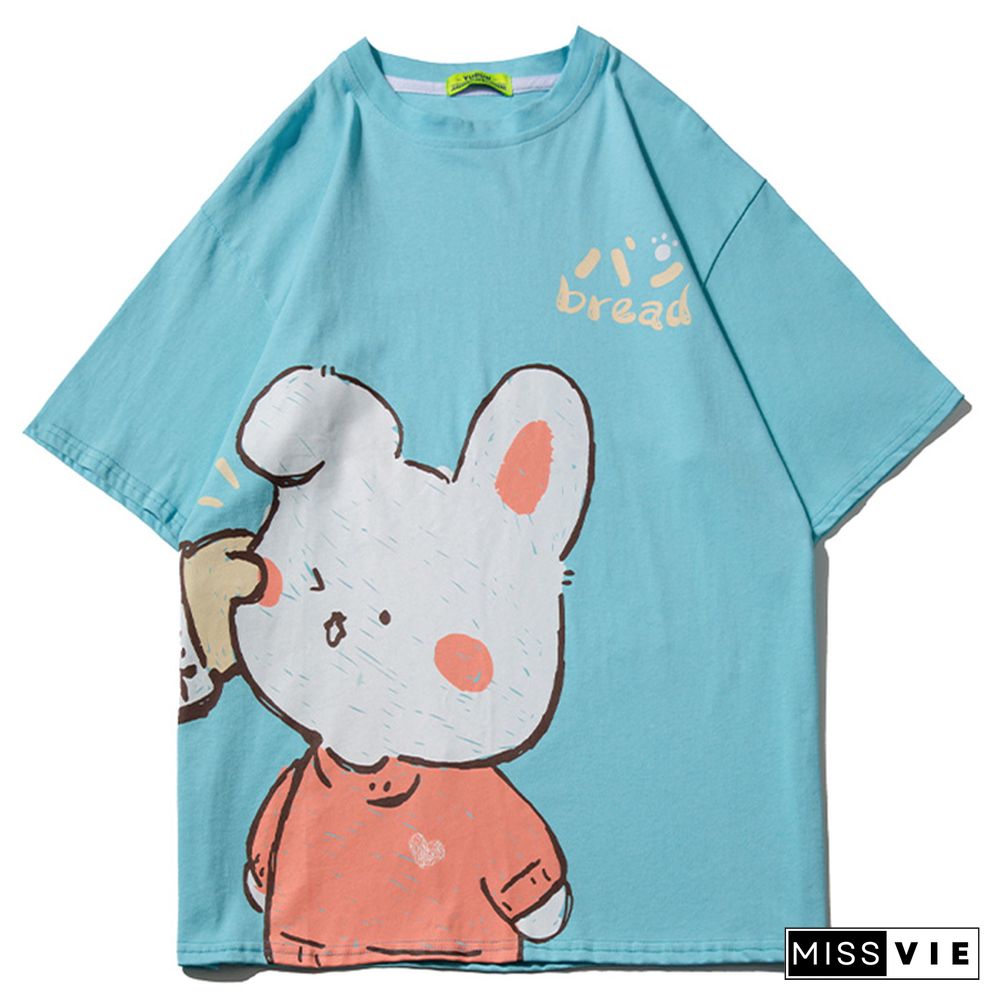 Cartoon Bunny Print Round Collar Casual T-Shirt