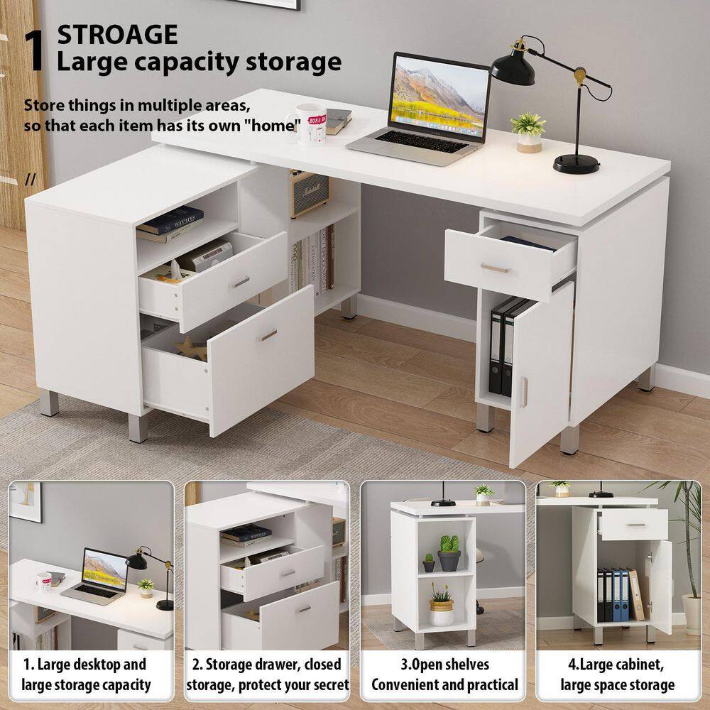 FUFUGAGA 59.1 in. L-Shaped White Wood Home Office Writing Desk with Reversible Hutch Cabinet Workstation with Drawers  Shelves KF210174-012-cc