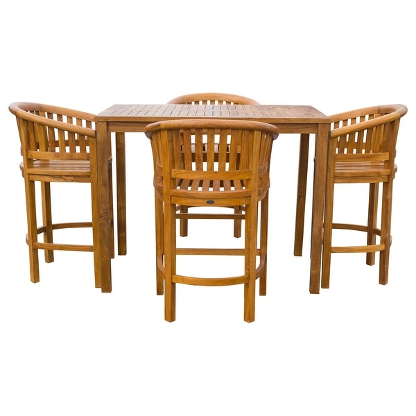 Chic Teak 5 Piece Teak Wood Peanut Patio Bistro Bar Set with 4 Bar Chairs and 55