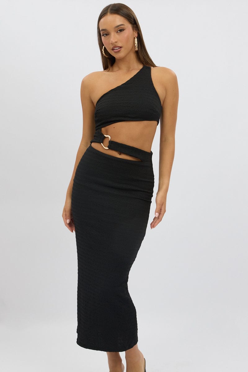 Black Bodycon Dress One Shoulder Textured