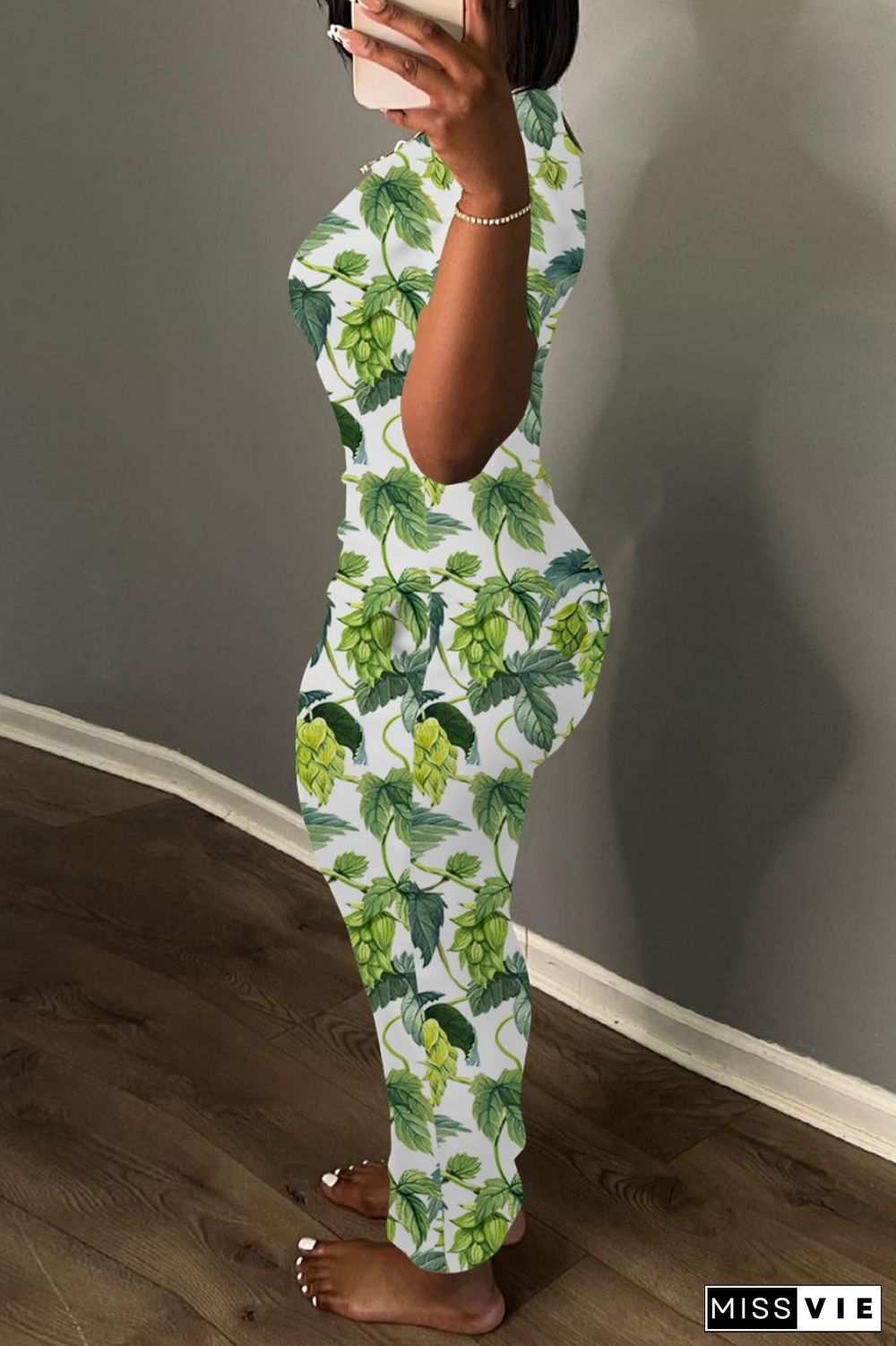 Green Casual Print Basic O Neck Long Dress Dresses