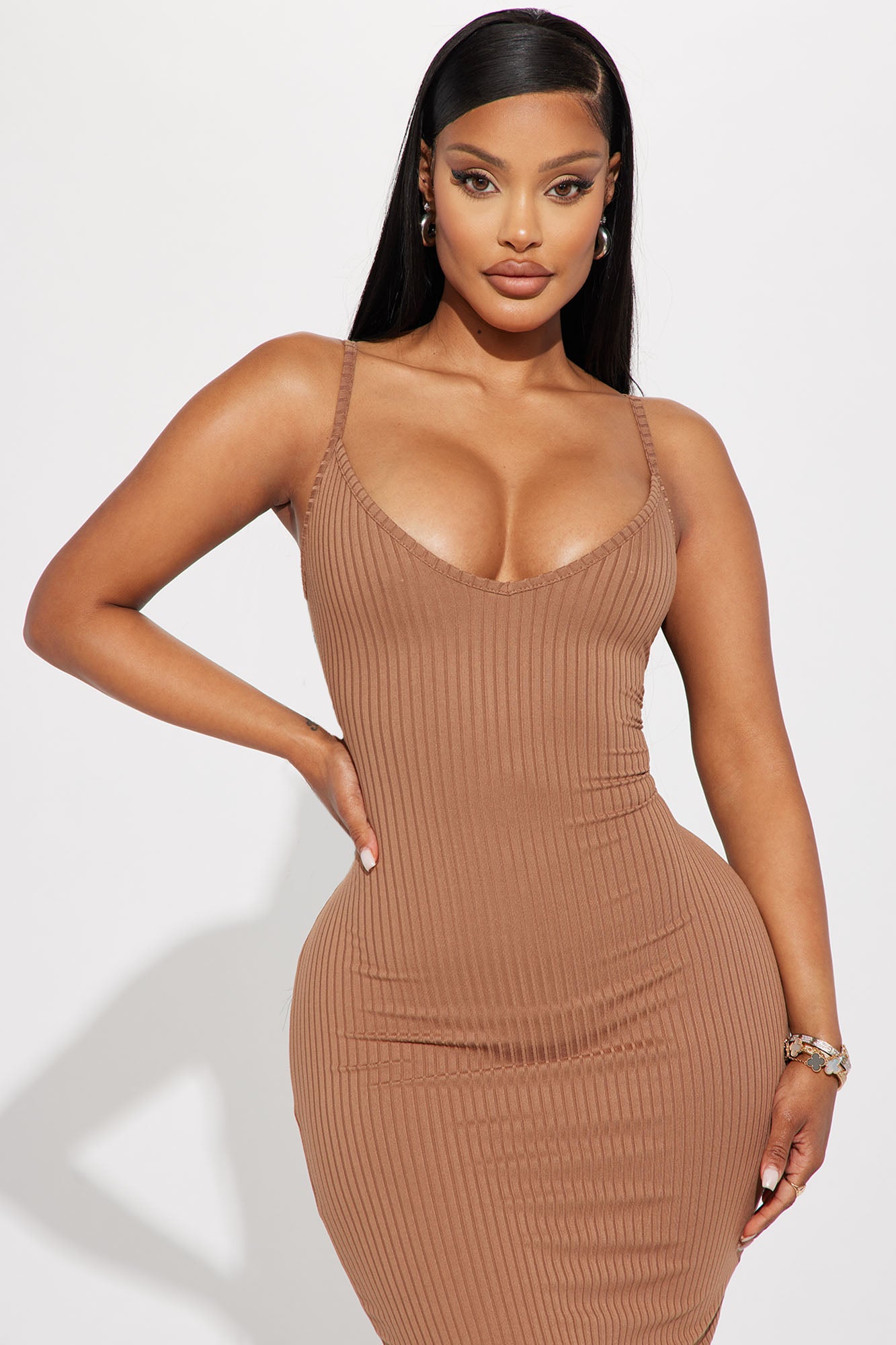 Brenda Ribbed Midi Dress - Taupe