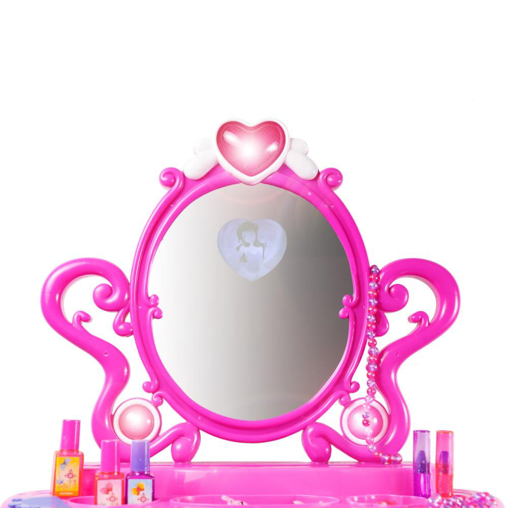 Dimple 2-in-1 Princess Pretend Play Vanity Set Table with Working Piano Beauty Set for Girls with Toy Makeup Cosmetics Accessories， Hair Dryer， Keyboard， Flashing Lights and more