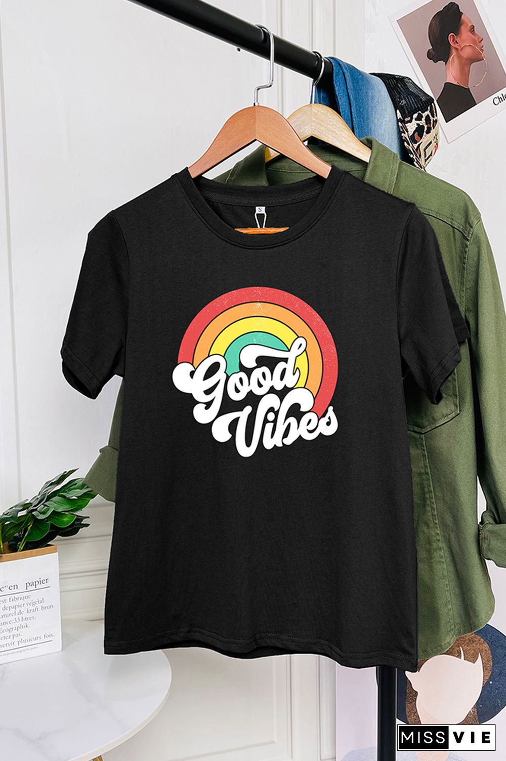 Good Vibes Vintage Rainbow Short Sleeve Graphic Tee Wholesale