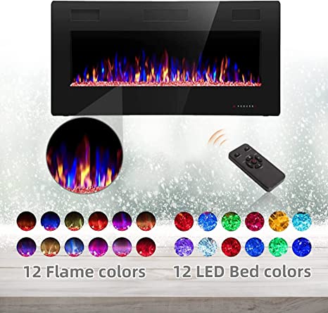 R.W.FLAME 42" Electric Fireplace in-Wall Recessed and Wall Mounted 1500W Fireplace Heater and Linear Fireplace with Timer/Multicolor Flames/Touch Screen/Remote Control (Black)