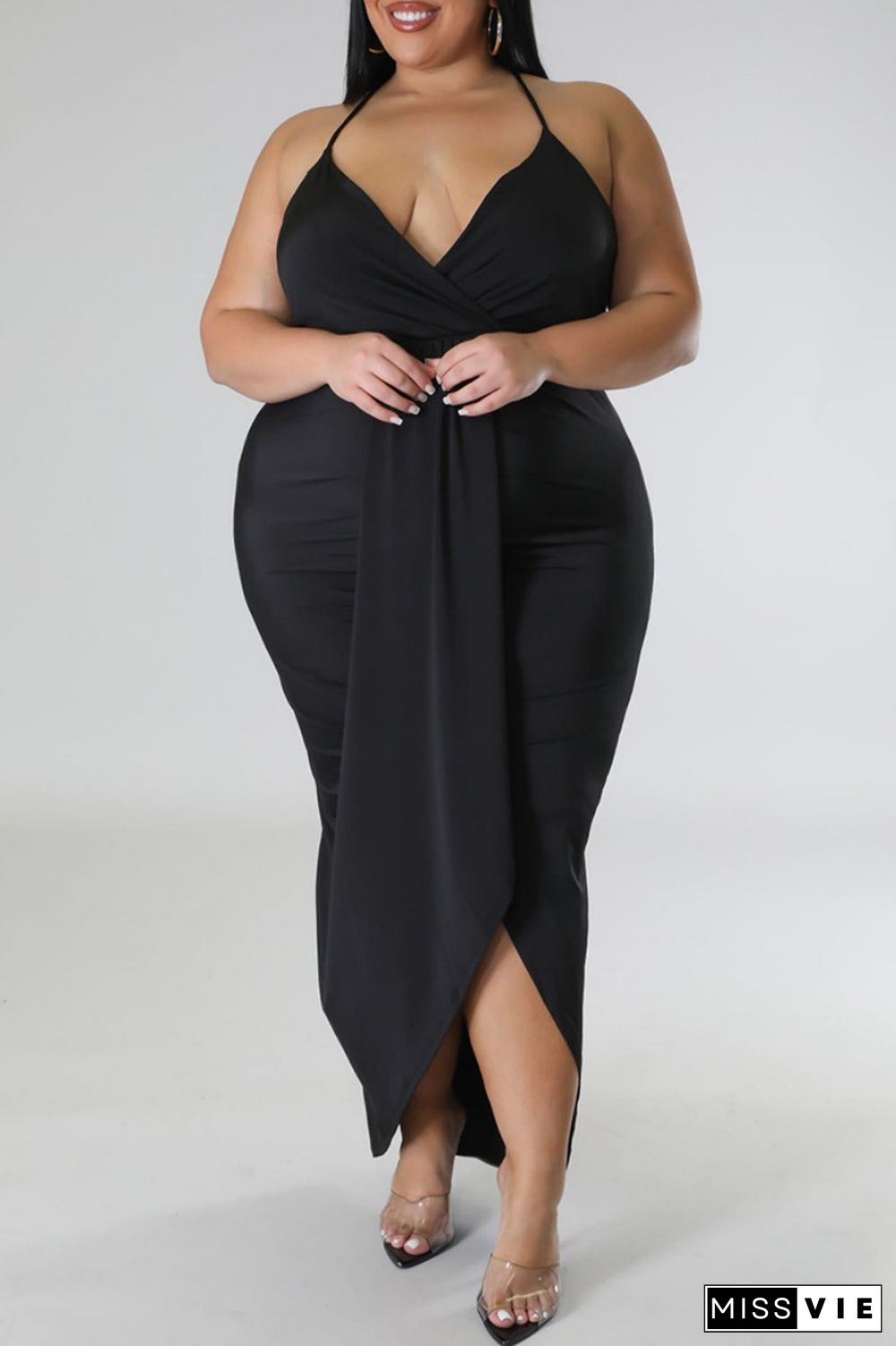 Black Sexy Solid Patchwork Backless V Neck Sling Dress Plus Size Dresses