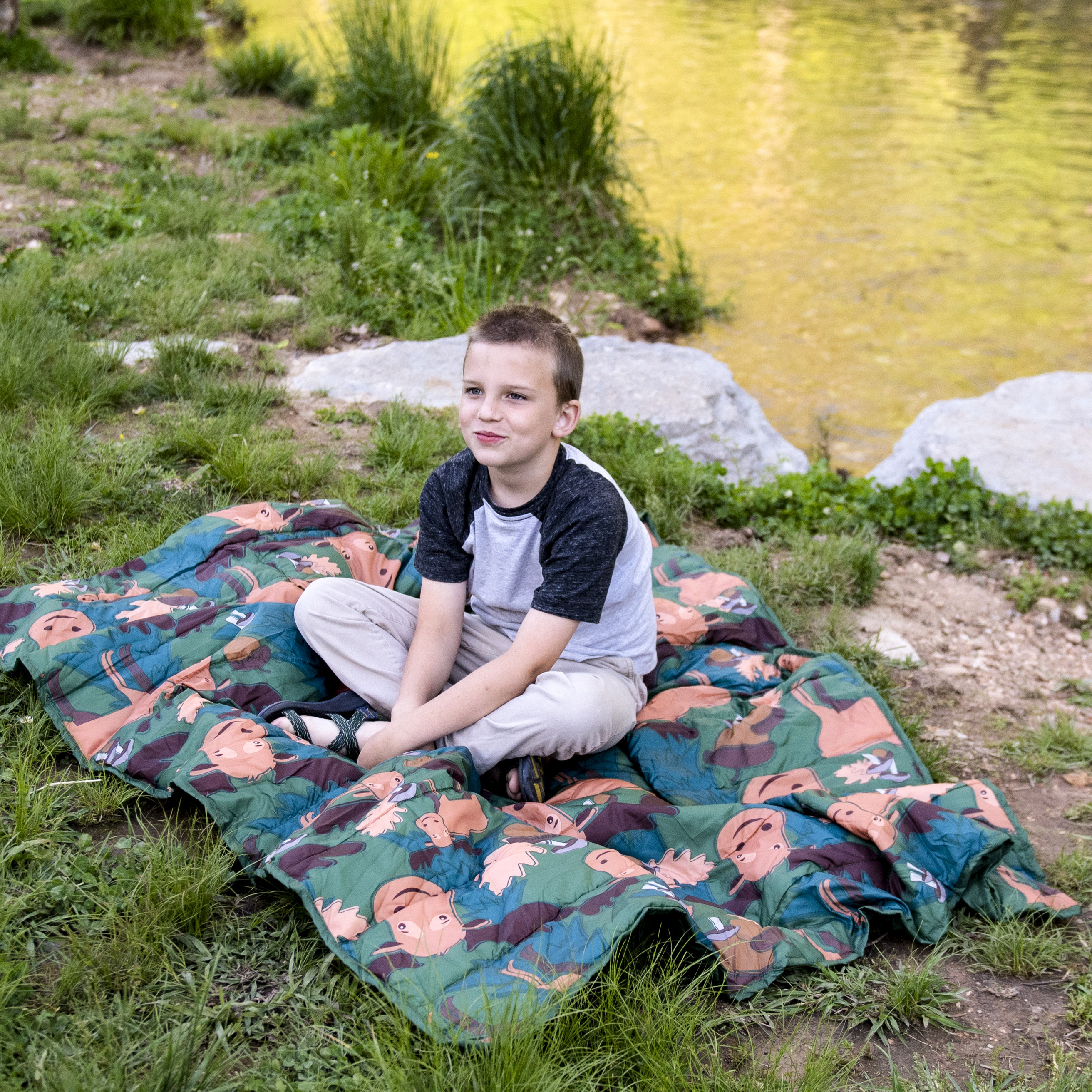 EQUIP Camping Poncho Picnic Blanket and Mat， Green Moose Print， Size 66.9 In. L x 51.18 In. Material Polyester