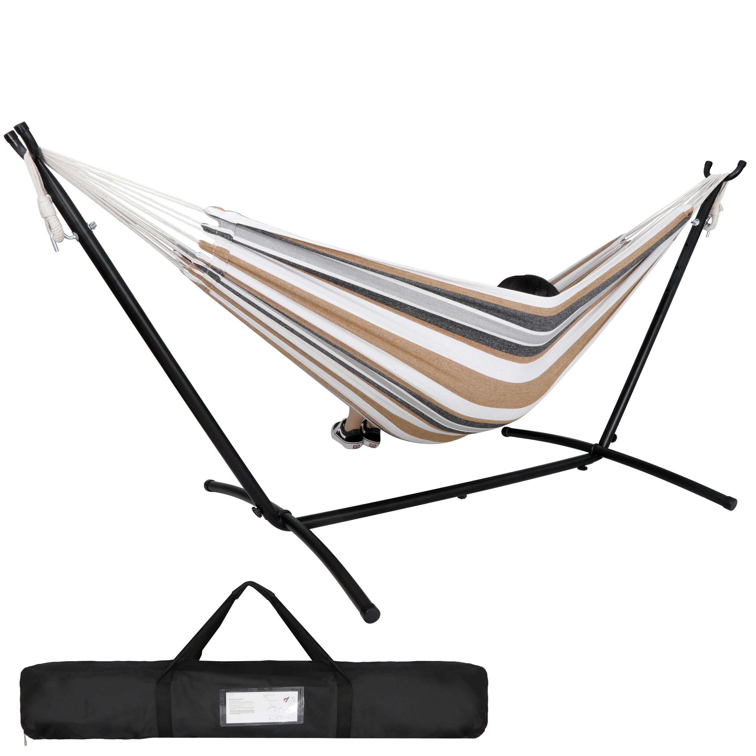 SuperDeal Double Size Striped Hammock Camping Swing Oxford Cloth + Steel Stand 112in x 42in 440lbs Brown-Gray