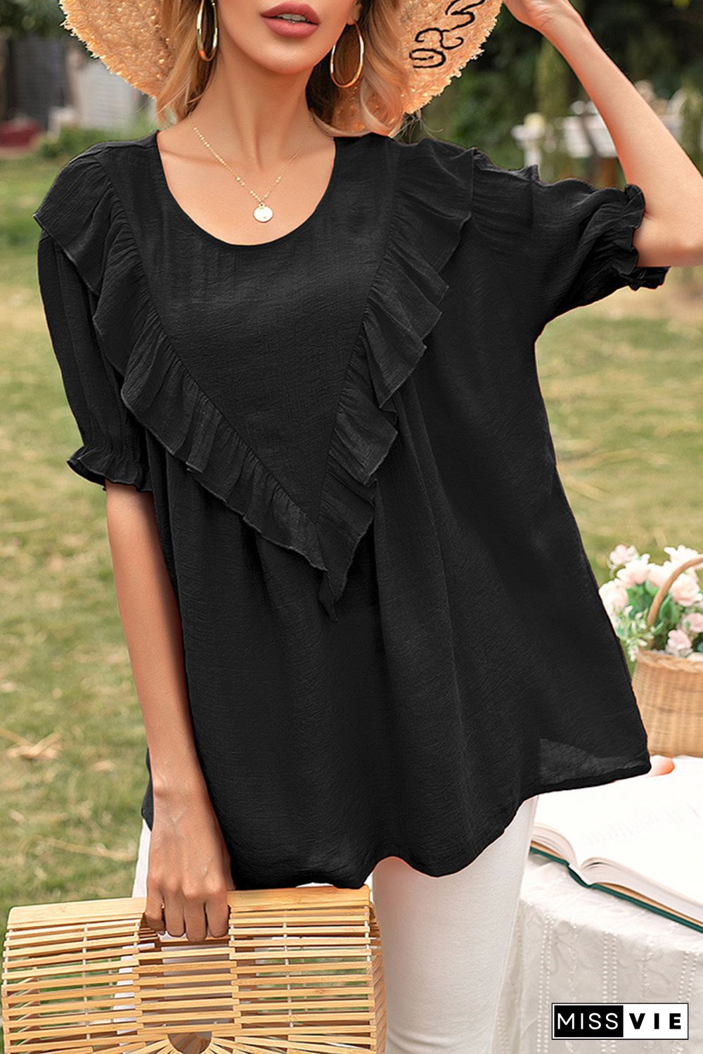 Elegant Solid Split Joint Flounce O Neck T-Shirts