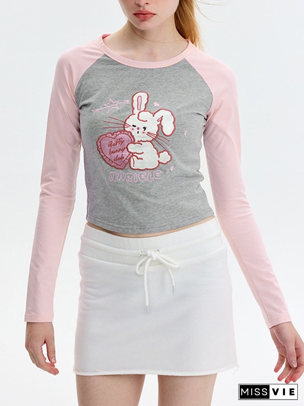 Cute Rabbit Embroidery Raglan Long Sleeve Tee