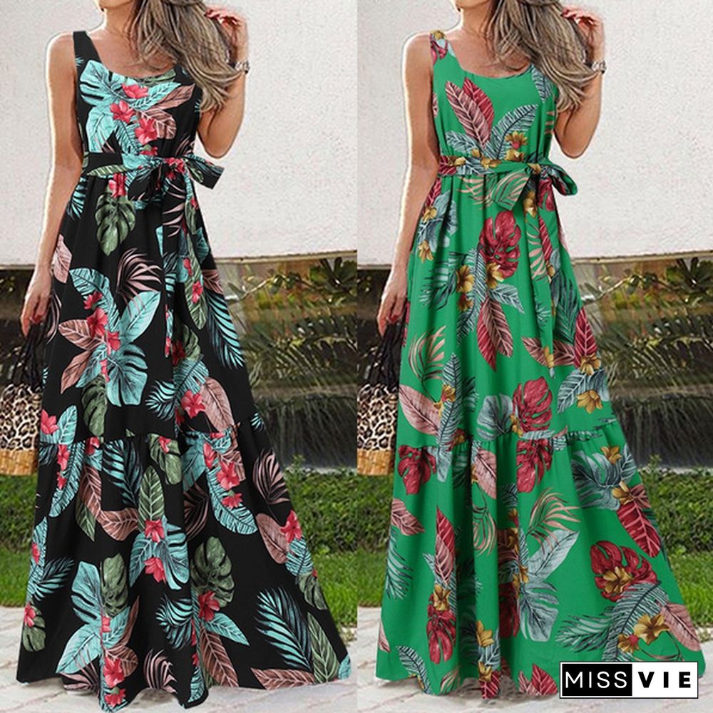 Summer Women Floral Printed Long Dress Sleeveless Bohemian Holiday Party Casual Pleated Maxi Dress Plus Size