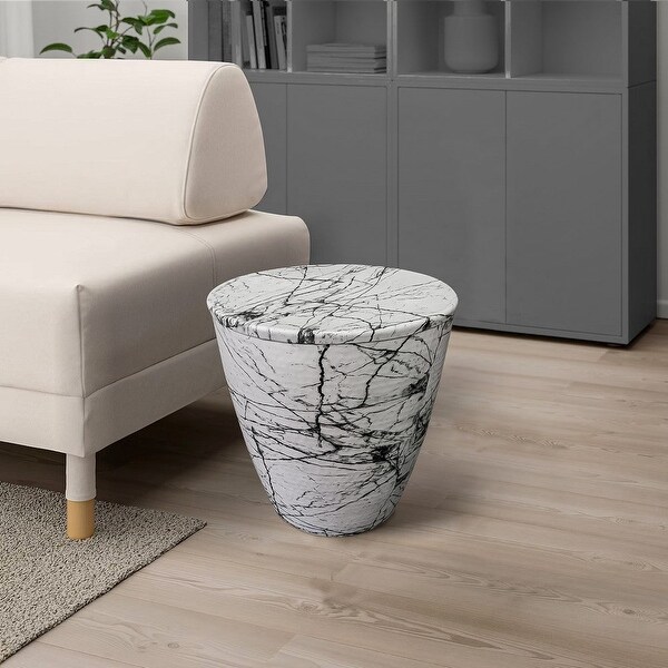 16 Inch Round Accent Side Table， Aluminum Sheet， Faux Marble， Enamel Coating， White - 16 H x 15 W x 15 L