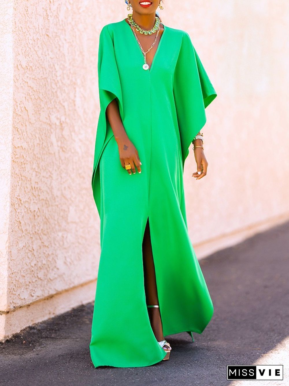 Batwing Sleeves Loose Solid Color Split-Side V-Neck Maxi Dresses