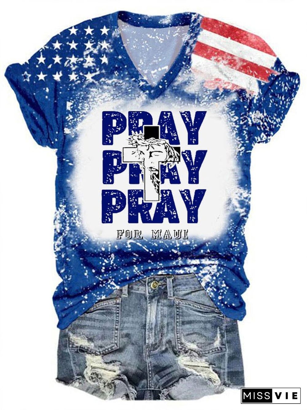 Women's Pray For Maui Print V-Neck Tee