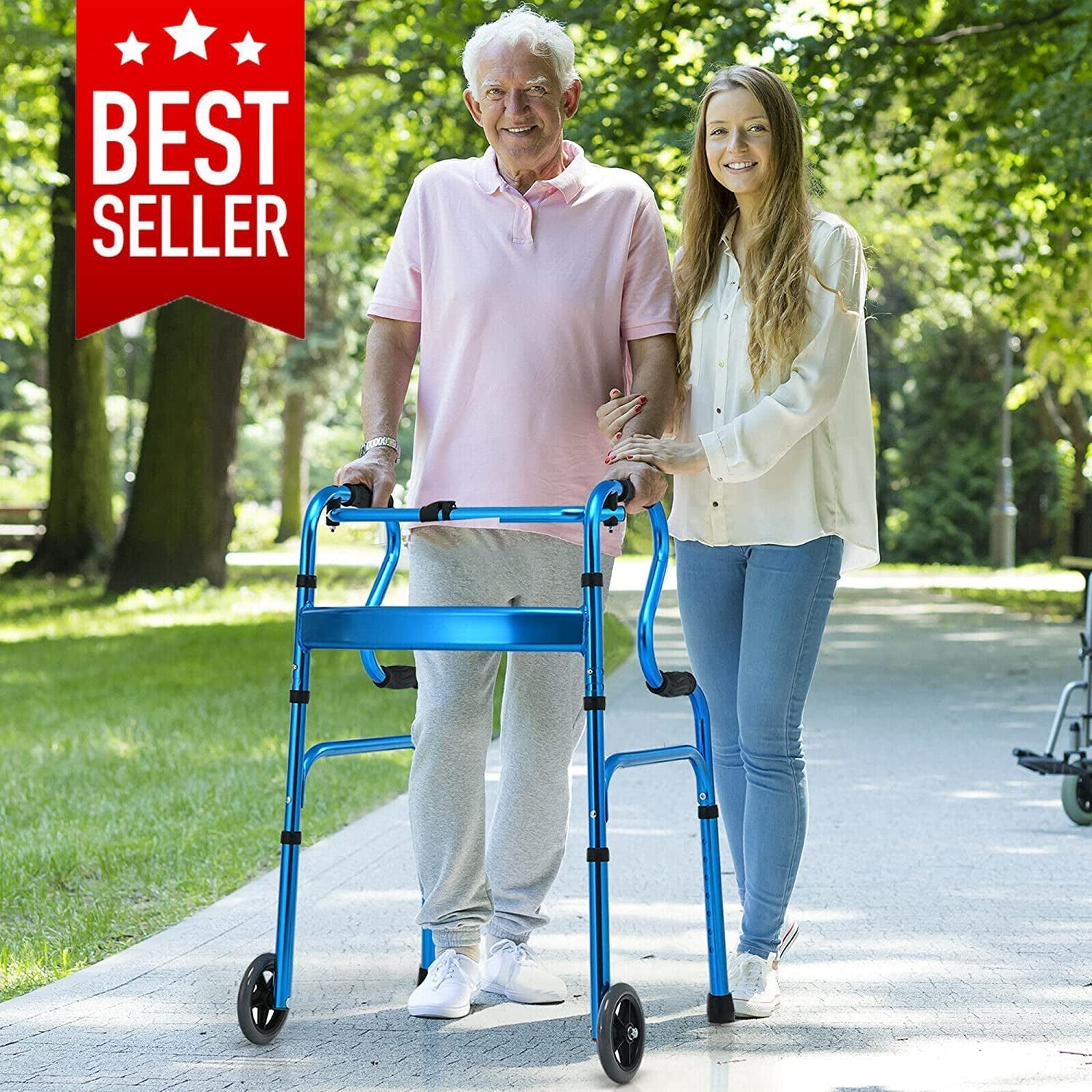 Best 2023 Heavy-Duty Adjustable Folding Walker W/ Wheels and Armrests