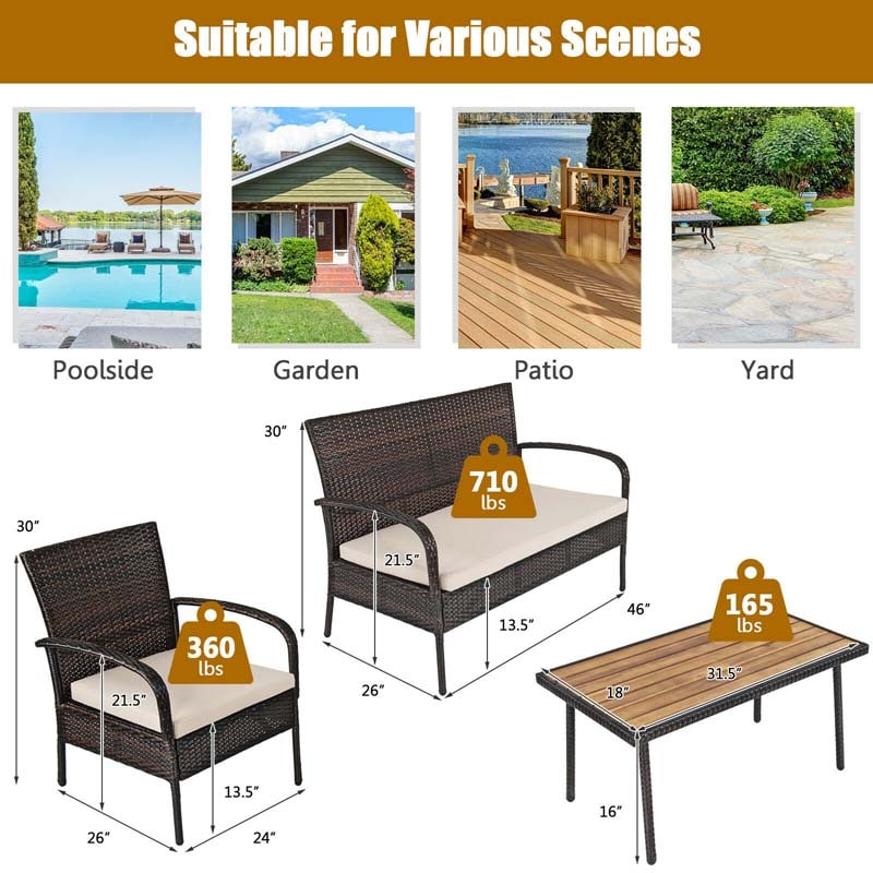 4 Pcs Rattan Patio Conversation Furniture Set Wicker Outdoor Sofa Set with Cushions & Acacia Wood Tabletop