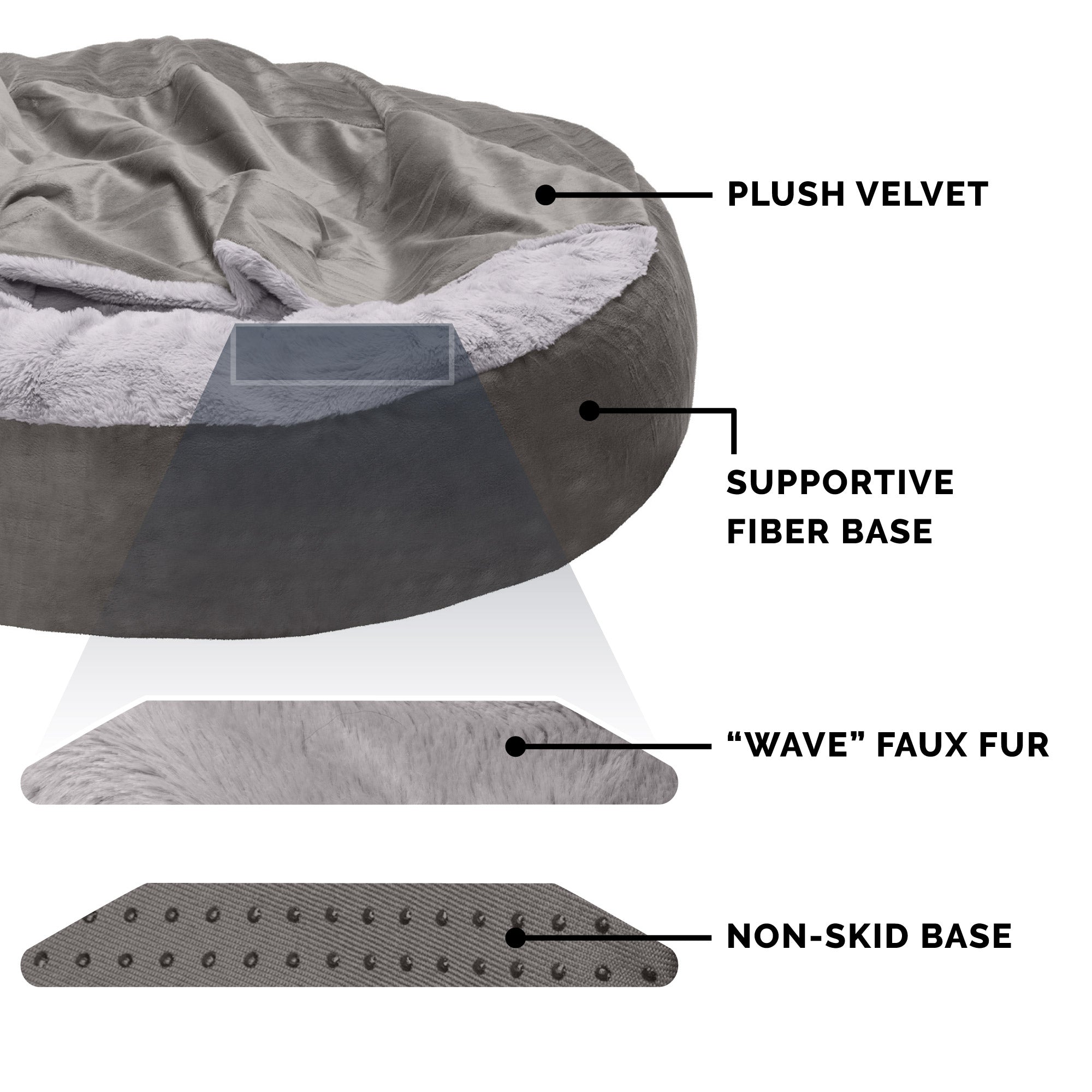 FurHaven | Wave Faux Fur & Velvet Hooded Donut Pet Bed for Dogs & Cats, Dark Gray, Medium