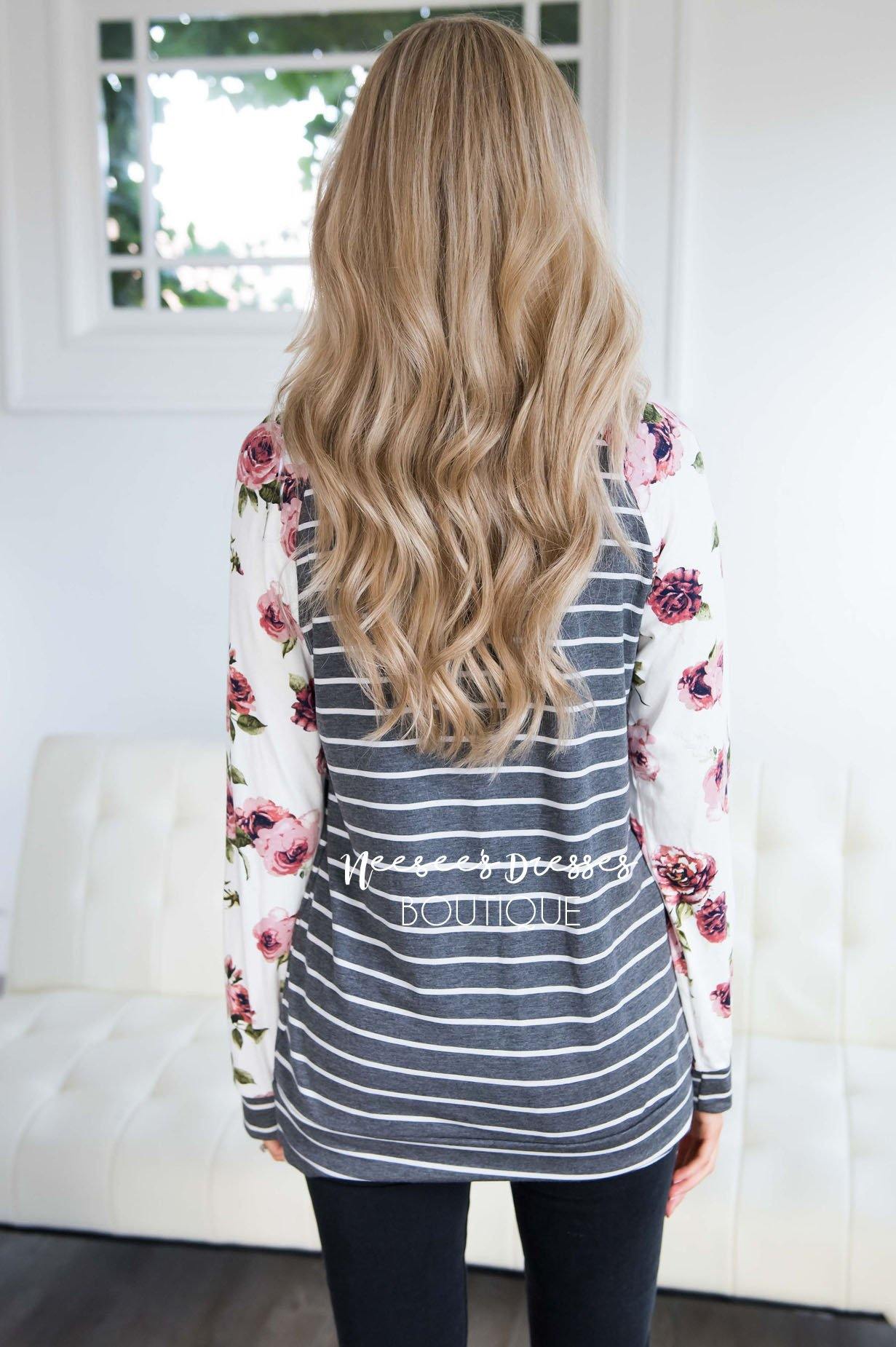 Floral Sleeve & Striped Top