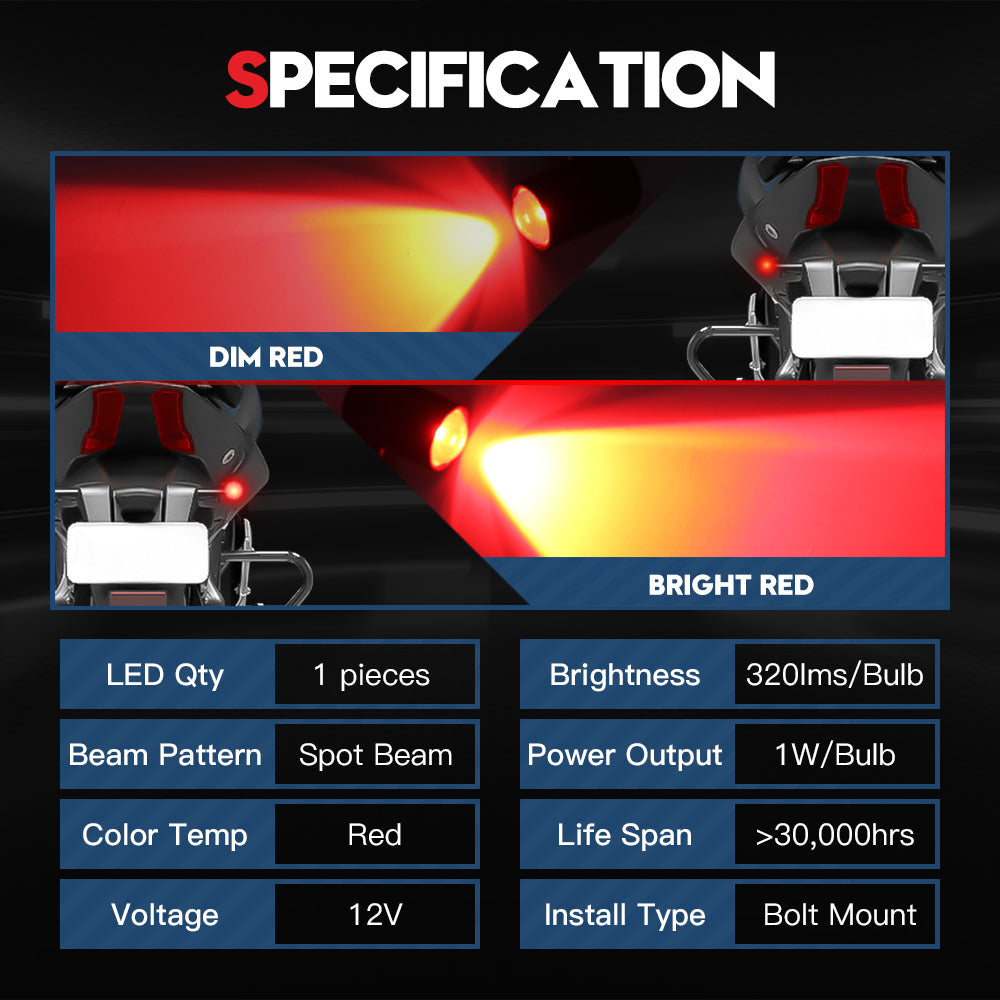 VEHICODE Motorcycle LED Turn Signals and Brake Lights 3 Wire Red Bolt Bulb Mini Rear Running Tail Indicator Blinker Black Universal Mount Replacement for Harley Honda Yamaha Kawasaki Suzuki (2 Pack)