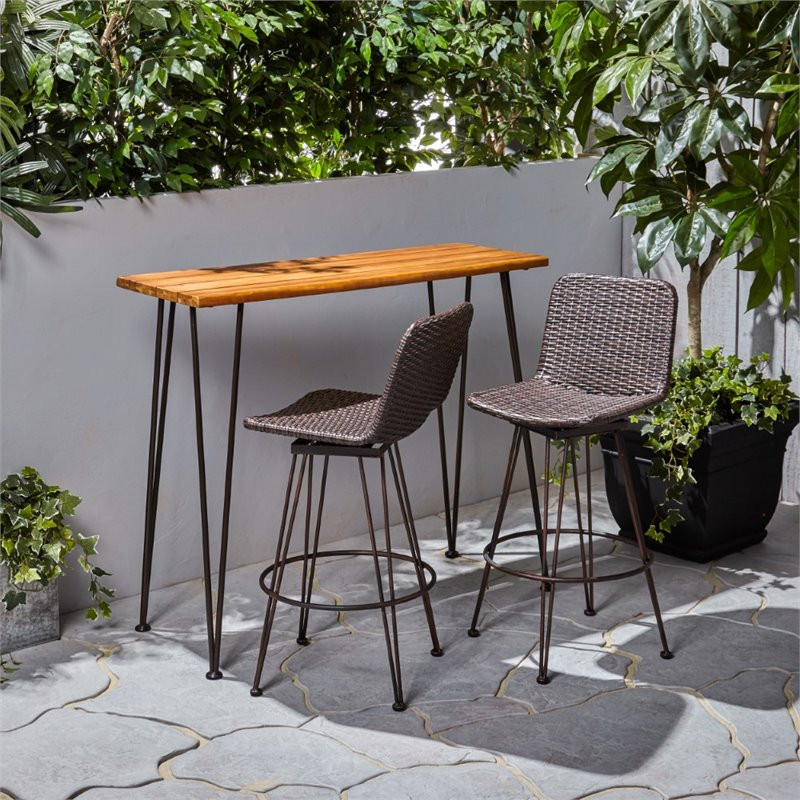 Noble House Penley Outdoor 3 Piece Acacia Wood Bar Set in Teak and Rustic Metal   Tropical   Outdoor Pub And Bistro Sets   by Homesquare  Houzz