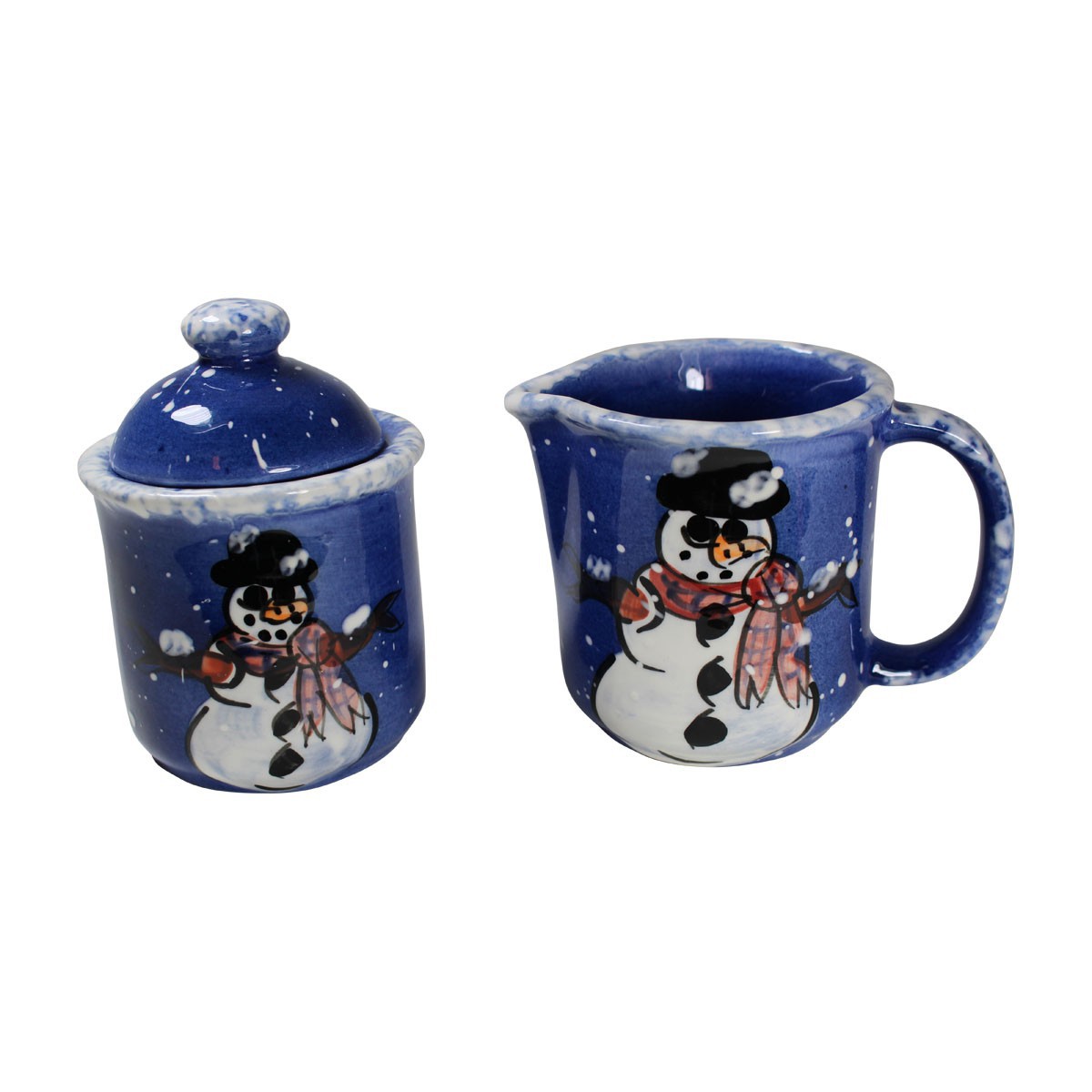 Creamer and Sugar Set Snowman Blue Ceramic Debra Kelly Renovators Supply