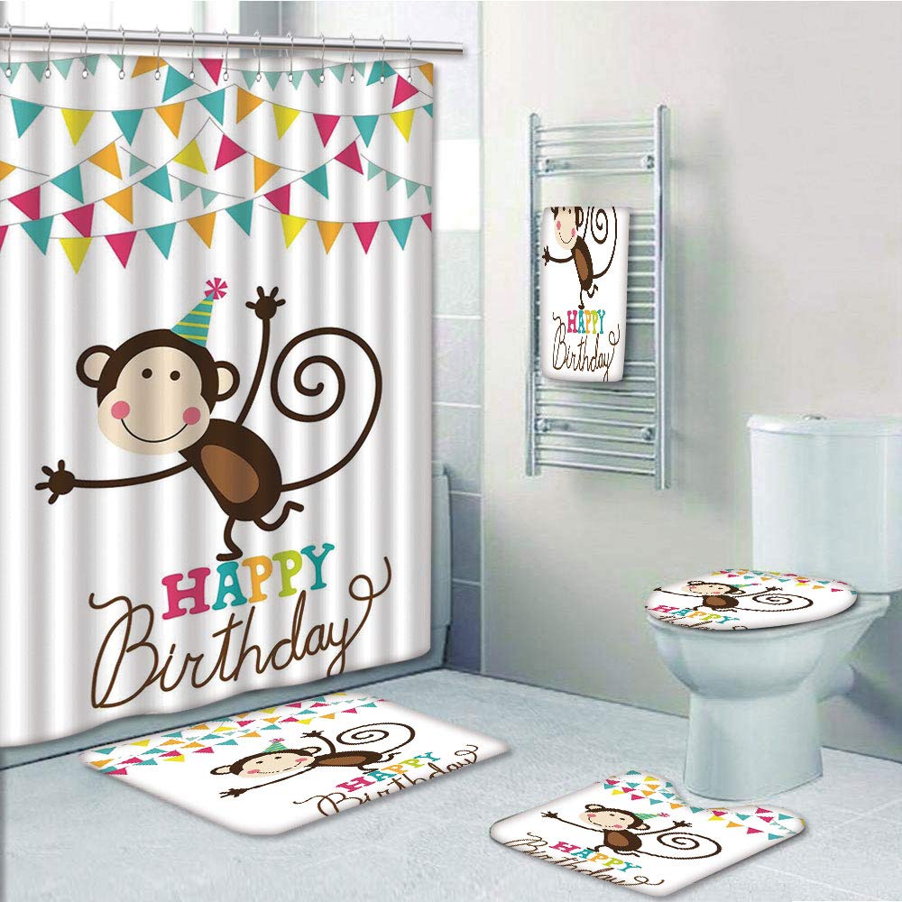 PRTAU Birthday for Kids Monkey Posing at a Party with Two Line Flags Cone 5 Piece Bathroom Set Shower Curtain Bath Towel Bath Rug Contour Mat and Toilet Lid Cover