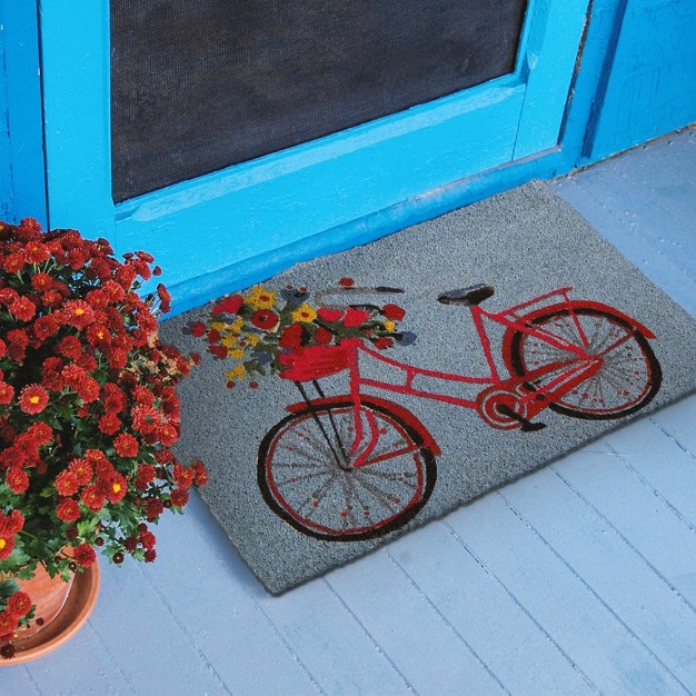 Bike Rider Coir Rectangle Indoor And Outdoor Coir Door Welcome Mat Red Bike On Blue Background